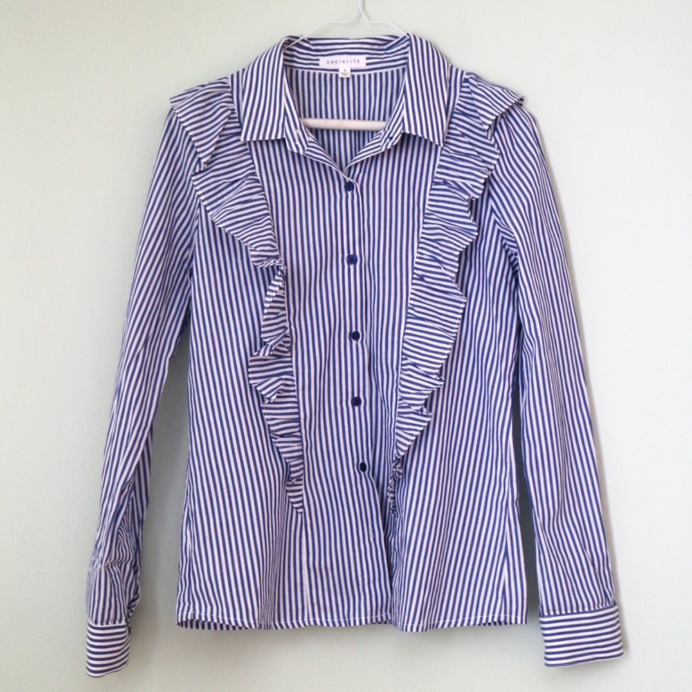 Nordstrom NWOT Blue and White Stripe Button Down Shirt w Ruffles